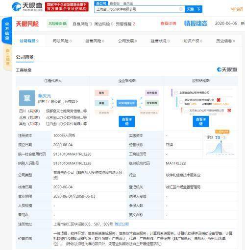 金山办公在上海成立新公司 注册资本1000万人民币